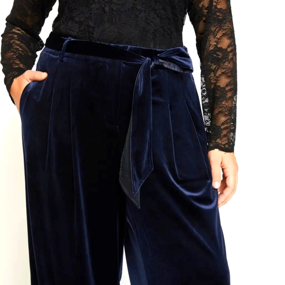 NWT Universal Standard Luxe Belted Velvet Pant in Navy US Med = 18W - 20W plus